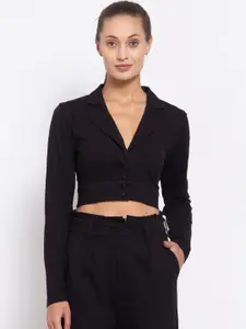 YOONOY Women Black Solid Single-Breasted Pure Cotton Cropped Blazer 100% cotton