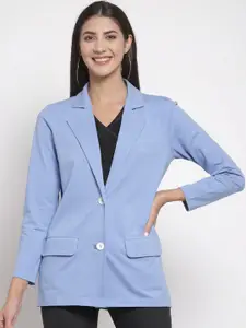 YOONOY Women Blue Solid Single-Breasted Pure Cotton Blazer