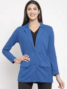 YOONOY Women Royal-Blue Solid Pure Cotton Single-Breasted Casual Blazer