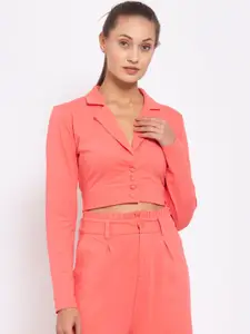 YOONOY Women Peach-Coloured Solid Pure Cotton Single-Breasted Blazer