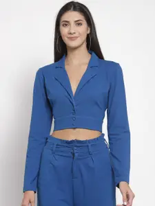 YOONOY Women Blue Solid Pure Cotton Single-Breasted Casual Blazer
