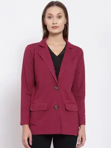 YOONOY Women Maroon Solid Pure Cotton Single-Breasted Casual Blazer