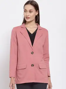 YOONOY Women Pink Solid Single Breasted Pure Cotton Casual Blazer