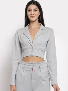 YOONOY Women Grey-Melange Solid Pure Cotton Single-Breasted Casual Blazer