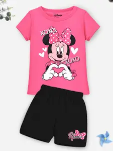 YK Disney Girls Pink & Black Minnie MousePrinted T-shirt with Shorts