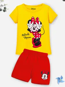 YK Disney Girls Yellow & Red Minnie Mouse Printed T-shirt with Shorts