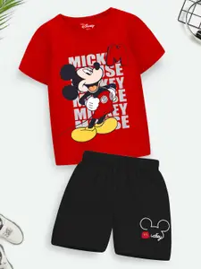 YK Disney Boys Red & Black Mickey Mouse Printed T-shirt with Shorts