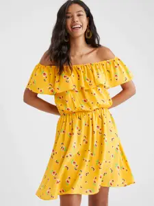 DeFacto Yellow Floral Print Off-Shoulder A-Line Dress