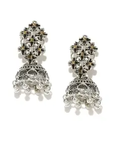 Zaveri Pearls Oxidised Silver-Plated Textured Floral Jhumkas