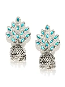 Zaveri Pearls Turquoise Blue Oxidised Silver-Plated Jhumkas