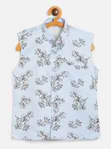 JBN Creation Boys Blue Printed Woven Nehru Jacket