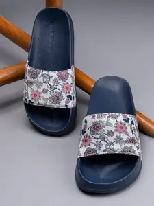 Red Tape Women White Navy Blue Floral Printed Sliders