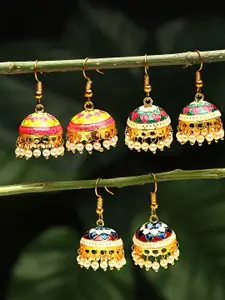 Yellow Chimes Set Of 3 Gold-Plated Meenakari Jhumka Earrings