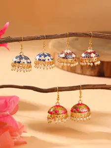 Yellow Chimes Set Of 3 Pair Gold-Plated Meenakari Jhumka Earrings