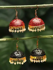 Yellow Chimes Set Of 2 Pair Gold-Plated Meenakari Jhumka Earrings