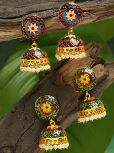 Yellow Chimes Set Of 2 Gold-Plated Meenakari Jhumka Earrings