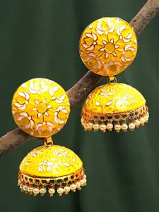 Yellow Chimes Gold-Plated & Yellow Meenakari Jhumkas Earring