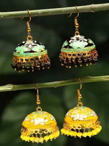 Yellow Chimes Set Of 2 Pair Gold-Plated Meenakari Jhumka Earrings
