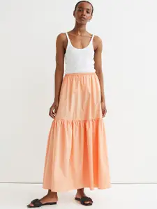 H&M Women Peach Coloured Solid Pure Cotton Maxi skirt
