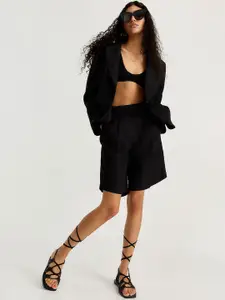 H&M Women Black Linen-Blend Bermuda Shorts