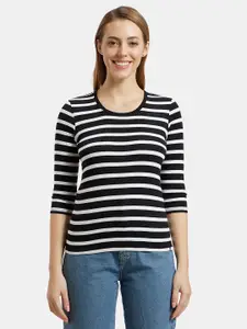 Jockey Women Black & White Striped T-shirt