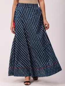 De Moza Women Blue & Off-White Printed Cotton Flared Skirts