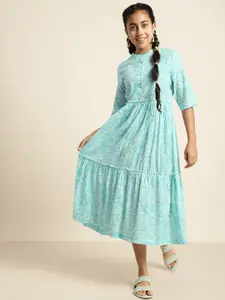 Sangria Girls Blue & White Printed Pure Cotton Maxi Dress