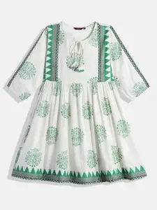 Sangria Teen Girls White & Green Printed Ethnic Motifs Fit And Flare Dress