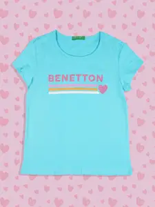 United Colors of Benetton Girls Blue & Pink Typography T-shirt
