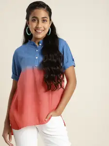 Sangria Blue & Coral Colourblocked Mandarin Collar Shirt Style Top