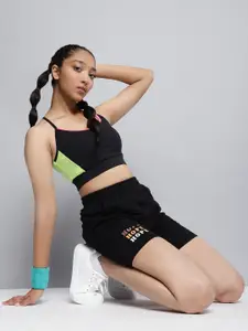 HRX By Hrithik Roshan Lifestyle Girls Jet Black Bio-Wash Typography Shorts