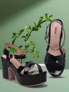 RINDAS Black Platform Synthetic Sandals with Buckles