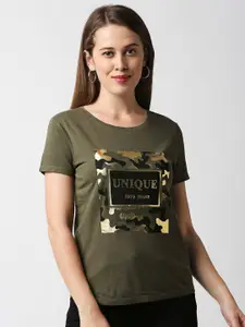 Pepe Jeans Women Olive Green & Gold-Toned Camouflage Cotton Printed T-shirt