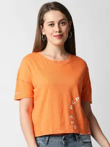 Pepe Jeans Women Orange Printed Drop-Shoulder Sleeves T-shirt