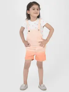 YK Girls White & Peach-Coloured Printed T-shirt with Pinafore Shorts