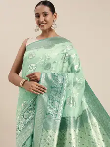 Mitera Turquoise Blue Floral Silk Blend Banarasi Saree