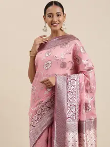 Mitera Pink Floral Silk Blend Banarasi Saree