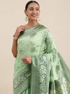 Mitera Green Floral Silk Blend Banarasi Saree