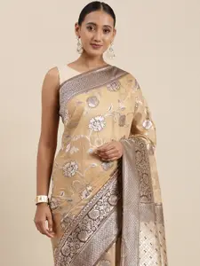Mitera Peach-Coloured Floral Silk Blend Banarasi Saree