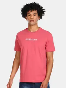 Aeropostale Men Coral Pink Typography Printed Pure Cotton T-shirt