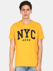 Aeropostale Men Yellow Typography Printed Pure Cotton T-shirt
