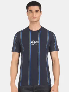 Aeropostale Men Navy Blue Striped Cotton T-shirt