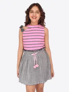 CUTECUMBER Girls Pink & Grey Striped Top with Skirt