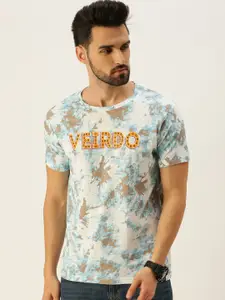 VEIRDO Men White & Blue Tie Dye Dyed Cotton T-shirt