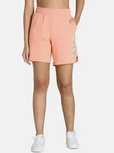 Puma Women Peach-Coloured Camo Graphic Logo Pure Cotton Shorts