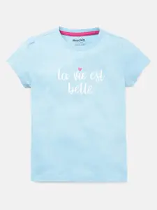 mackly Girls Blue Typography Printed Cotton T-shirt