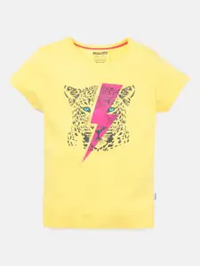 mackly Girls Yellow Printed Cotton T-shirt