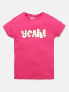 mackly Girls Pink Typography Printed Cotton T-shirt