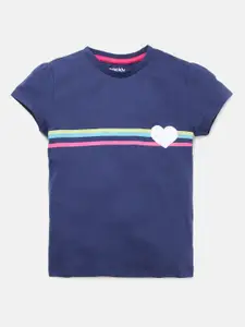 mackly Girls Navy Blue Striped Cotton T-shirt