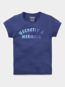 mackly Girls Navy Blue Typography Printed Cotton T-shirt